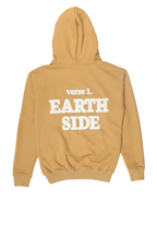 Beige hoodie with 'verse 1. EARTH SIDE' text on the back against a white background