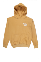 Beige hoodie with text on a white background