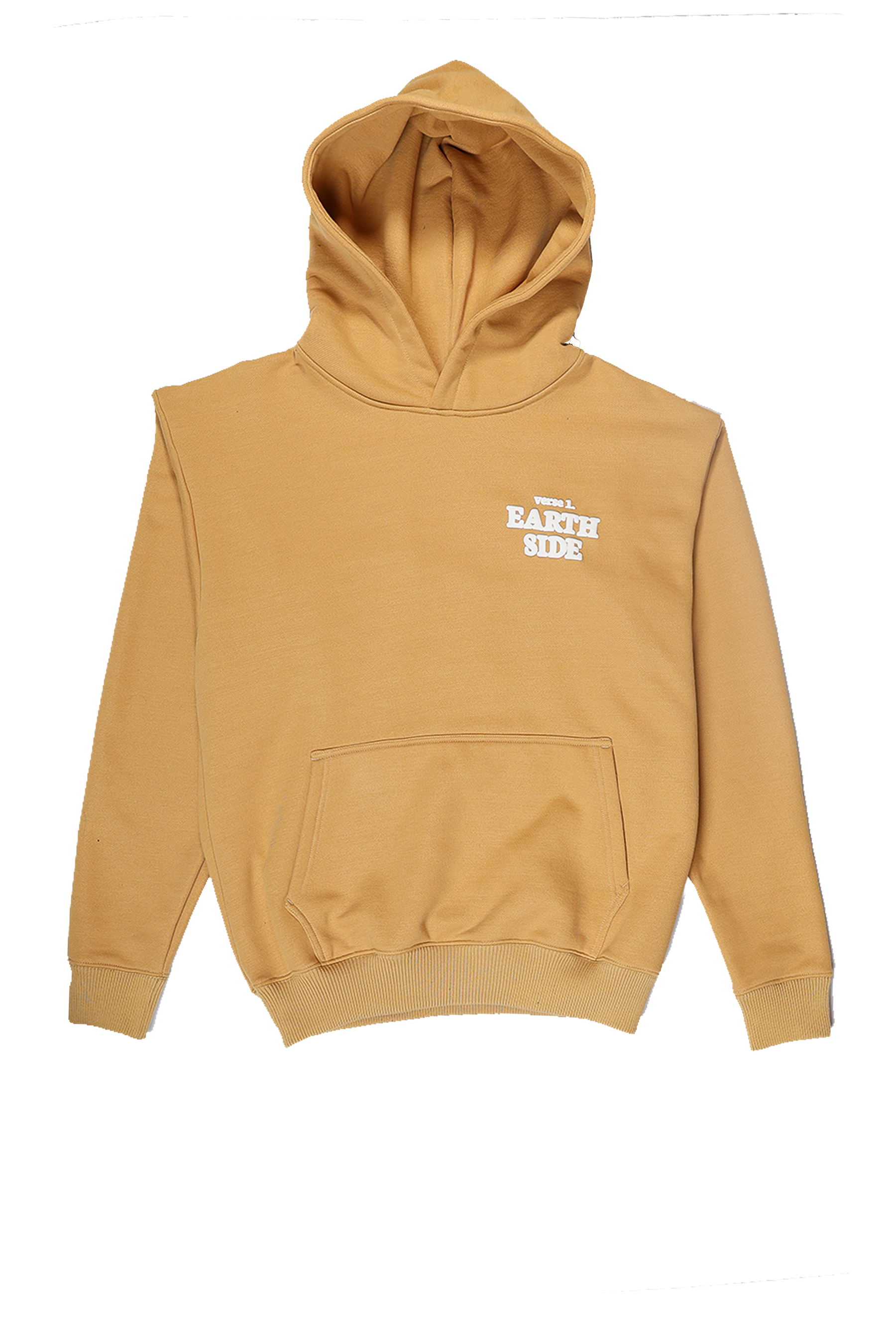 Beige hoodie with text on a white background