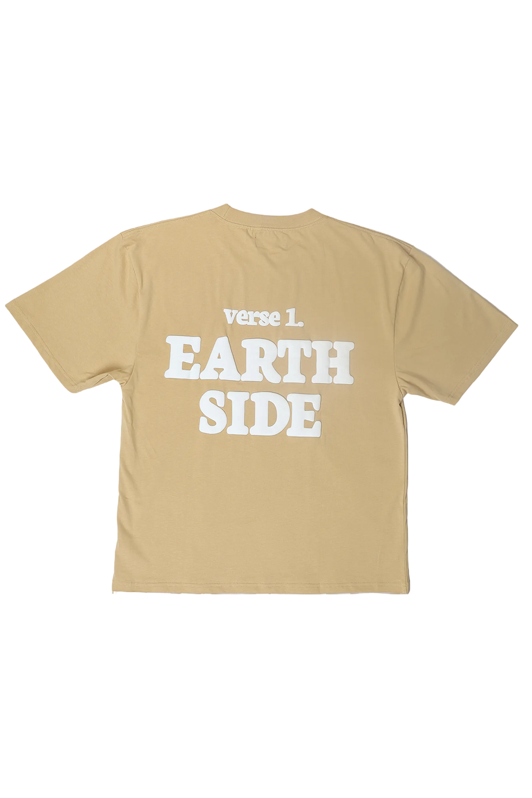 Beige t-shirt with 'verse L. Earth Side' text on the back against a white background