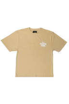 Beige t-shirt with white text on a white background