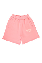 Pink shorts with text on a white background