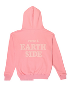 Pink hoodie with 'verse 1 EARTH SIDE' text on a white background