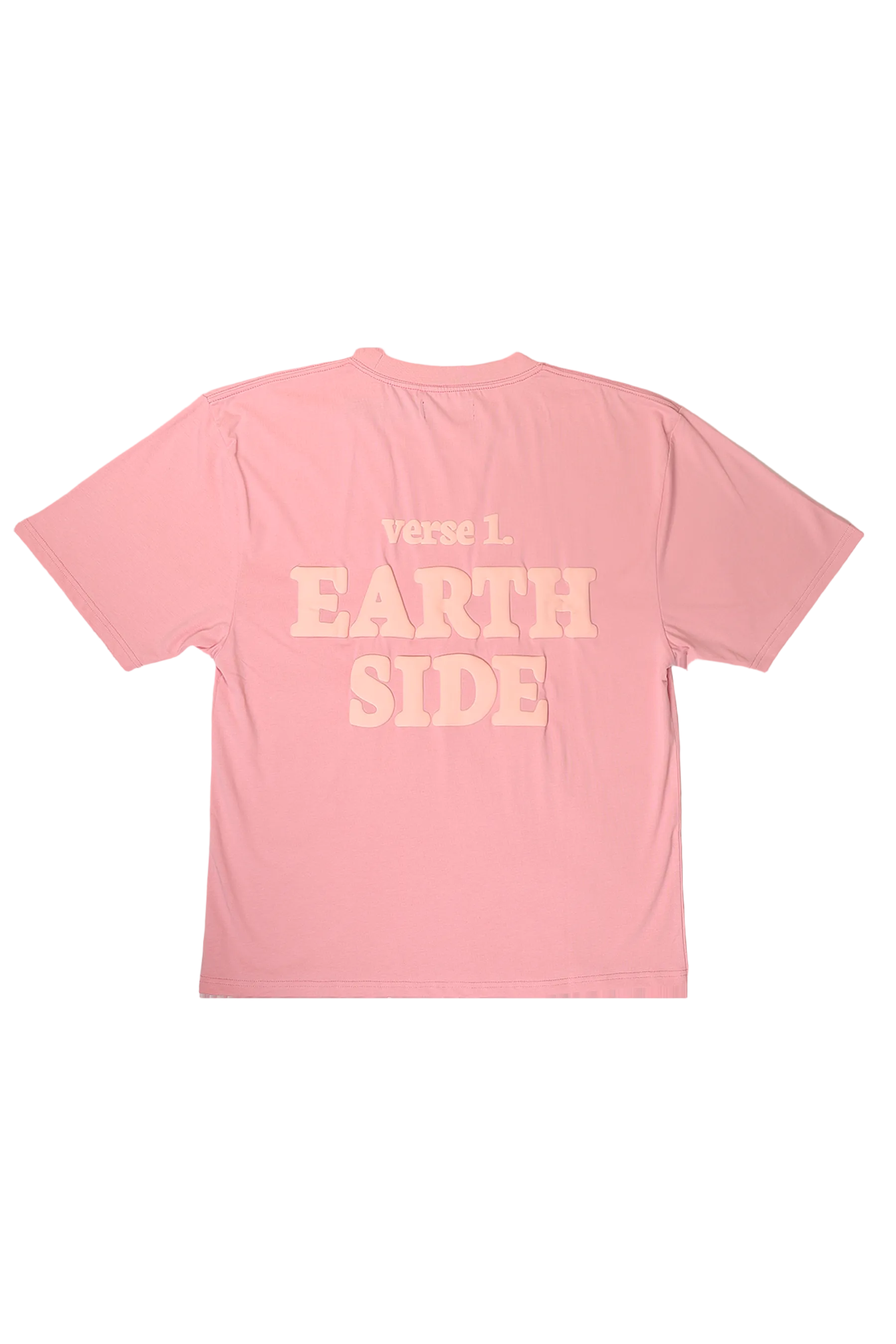 Pink t-shirt with 'EARTH SIDE' text on a white background
