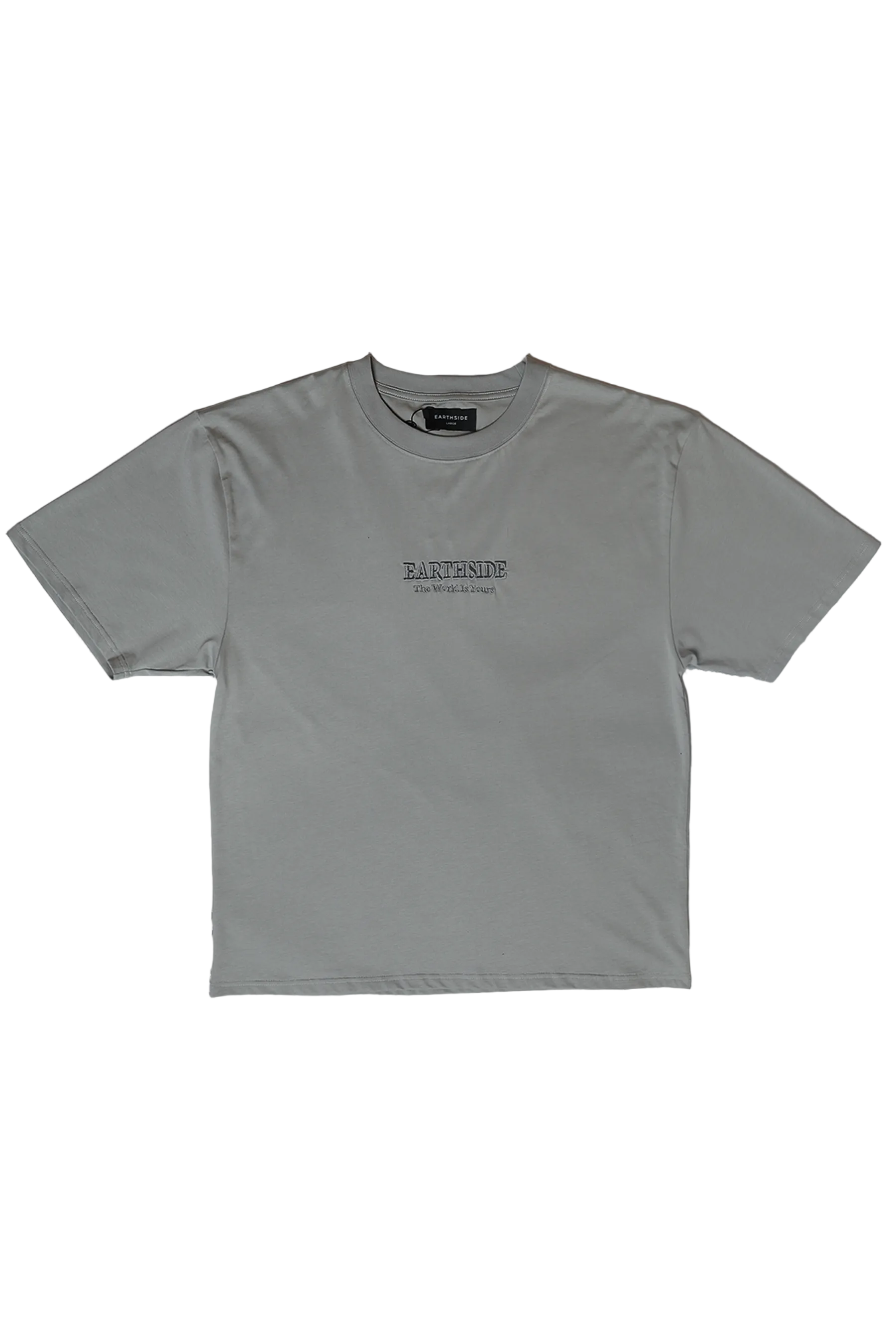 Gray t-shirt with a brand logo on a white background
