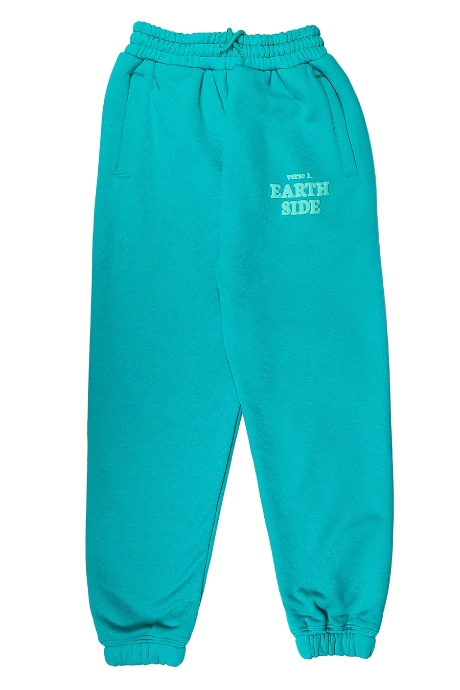 Turquoise sweatpants with text on a white background