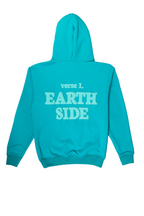 Turquoise hoodie with 'verse 1. Earth Side' text on the back against a white background