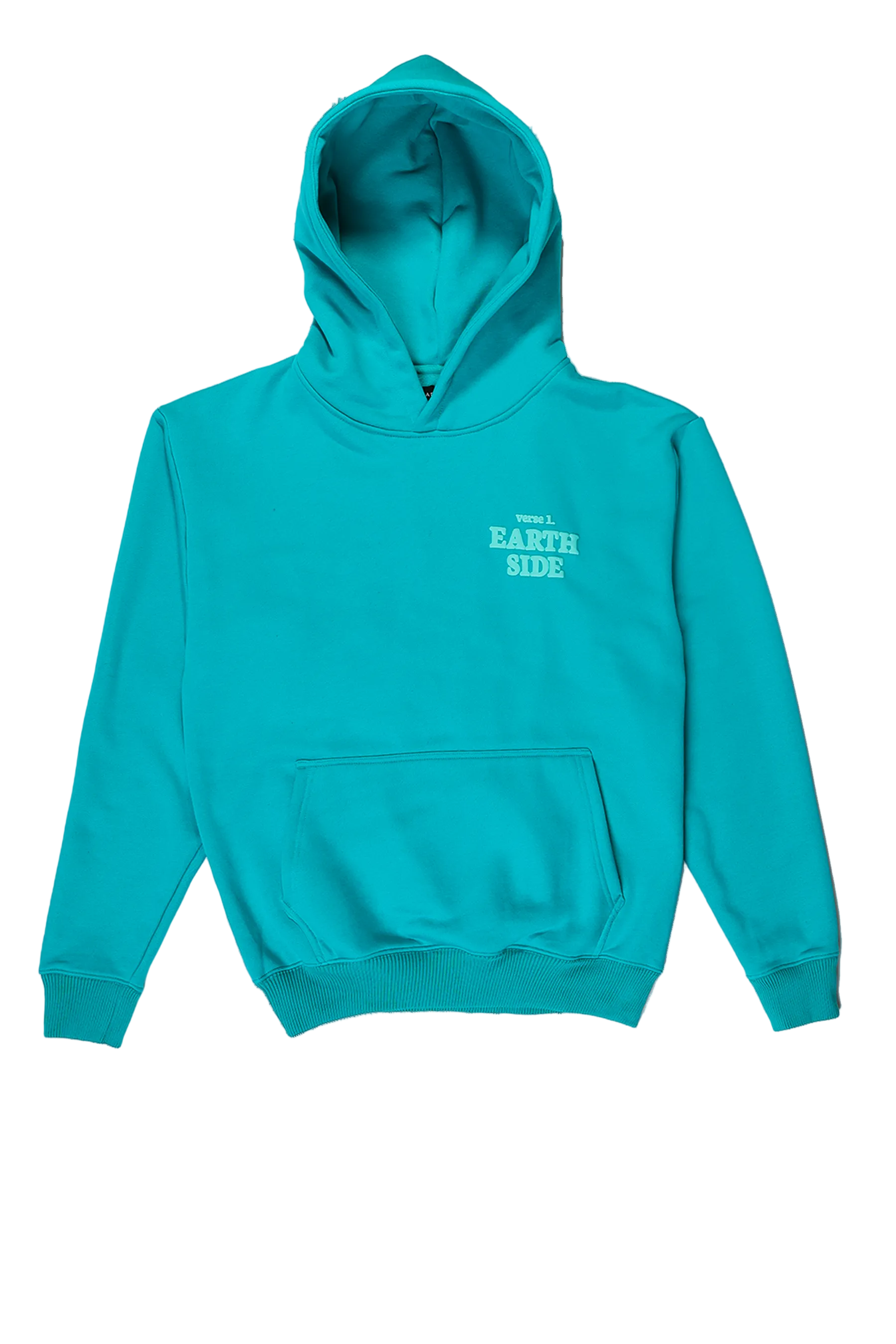 Turquoise hoodie with text on a white background