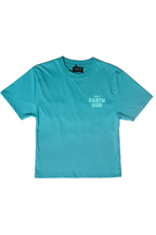 Turquoise t-shirt with text on a white background