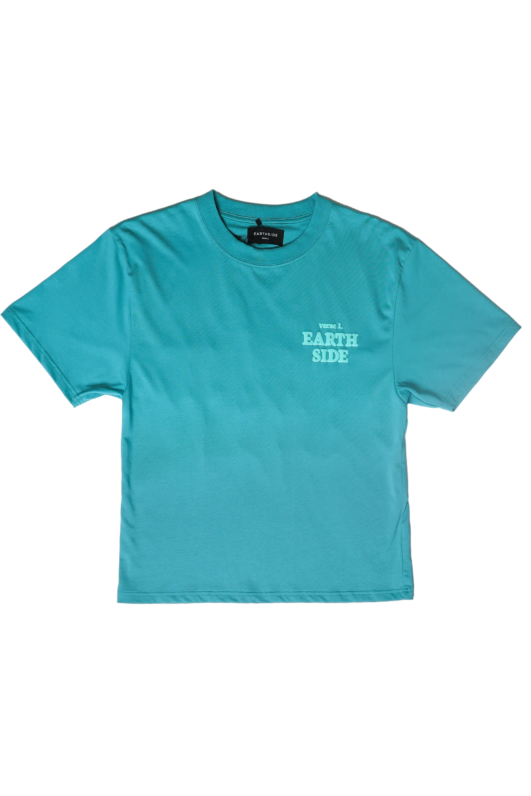 Turquoise t-shirt with text on a white background