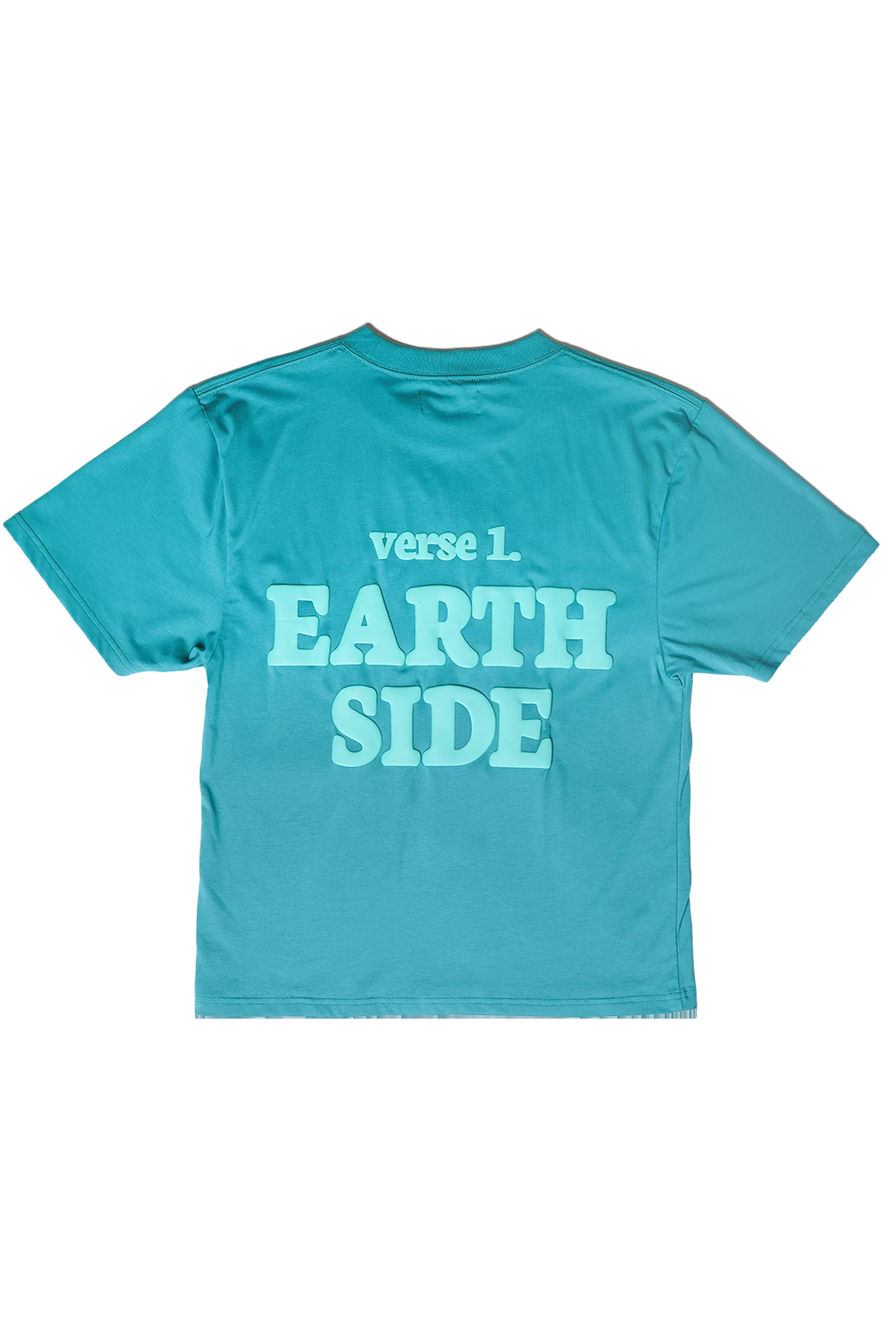 Turquoise t-shirt with 'verse 1 EARTH SIDE' text on a white background